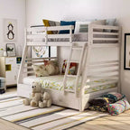 Lit superposé enfant simple sur double brossé blanc avec échelle intégrée et barrières de sécurité, rangement sous le lit