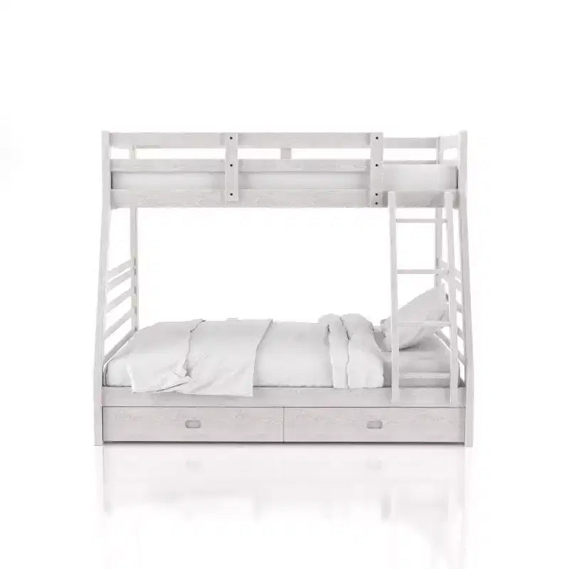 Twin Over Full Kids' Bunk Bed Wire Brushed White with Built-In Ladder & Guard Rails, Under Bed Storage