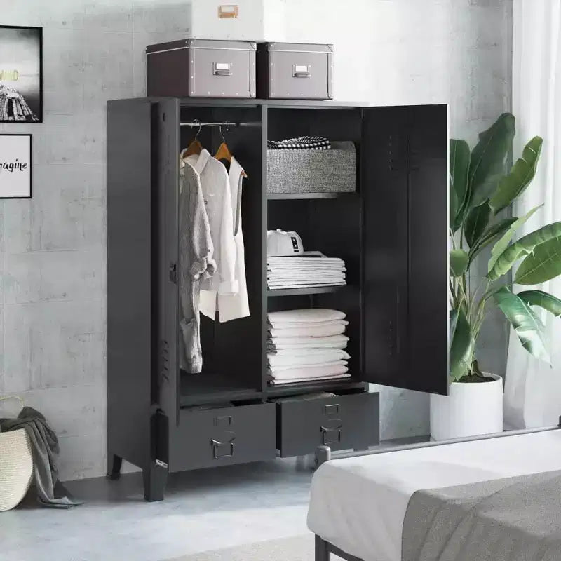 Compact Industrial Steel Wardrobe - Black (35.4" x 15.7" x 55.1")