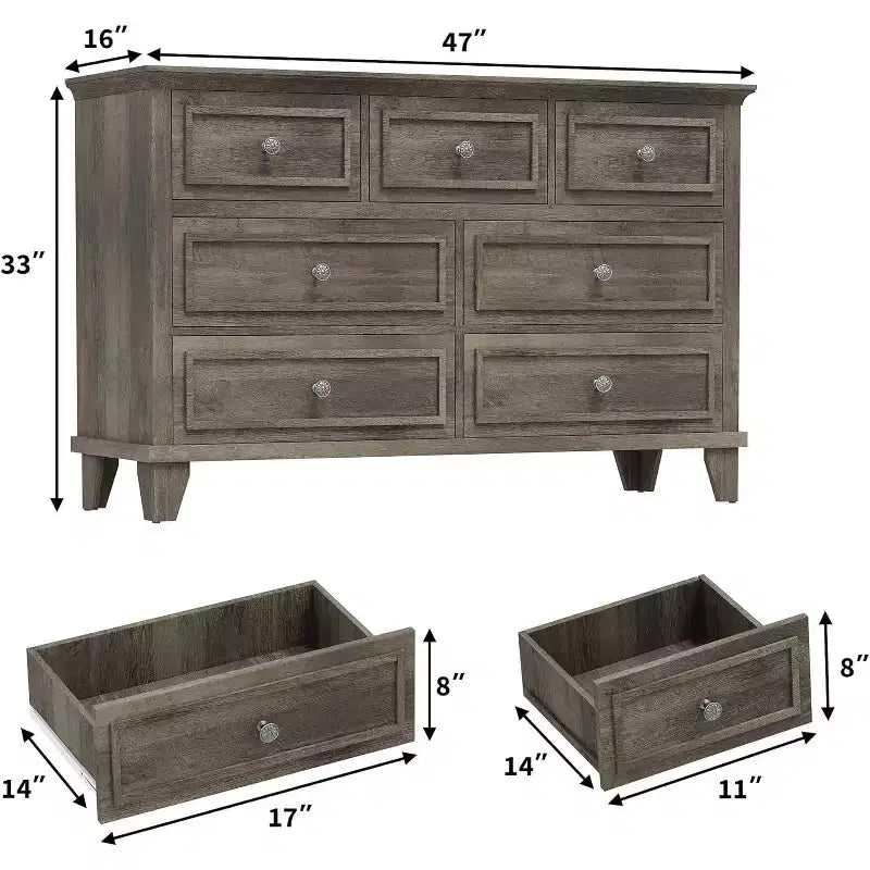 7 Drawer Wooden Dresser - 47" Wide Storage Chest with Metal Handles