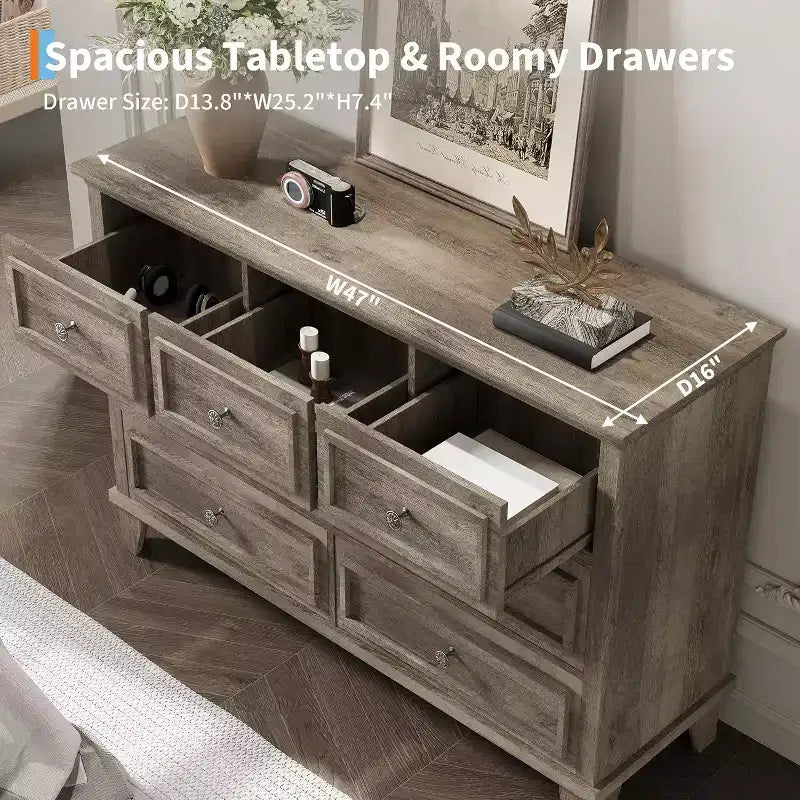 7 Drawer Wooden Dresser - 47" Wide Storage Chest with Metal Handles