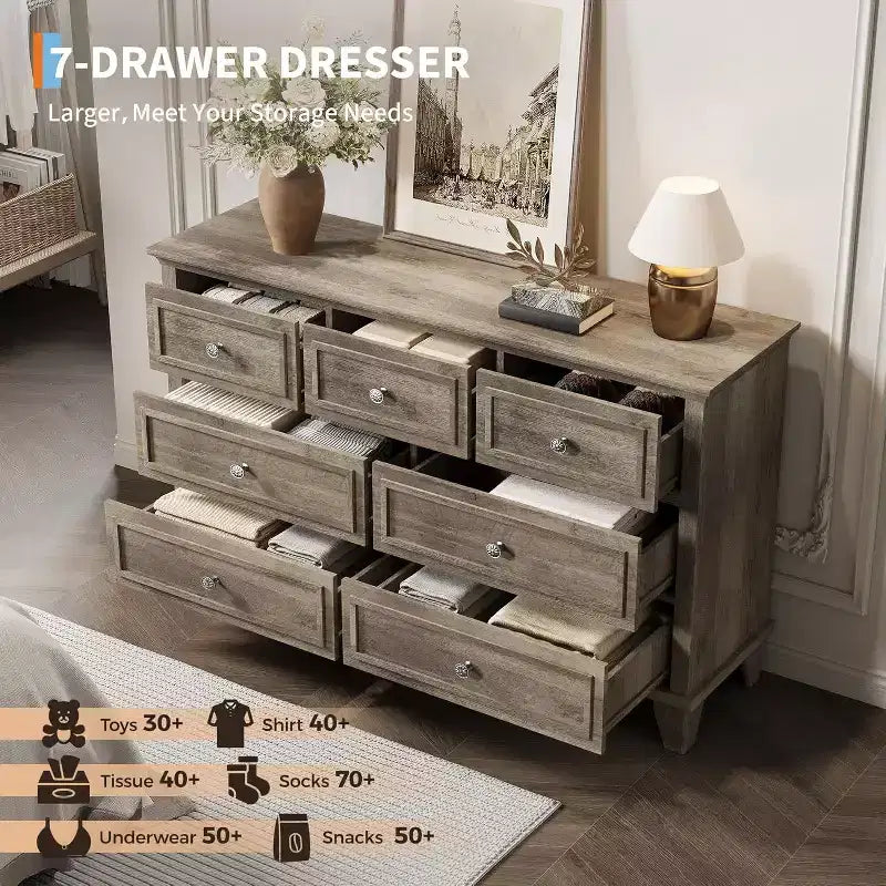 7 Drawer Wooden Dresser - 47" Wide Storage Chest with Metal Handles