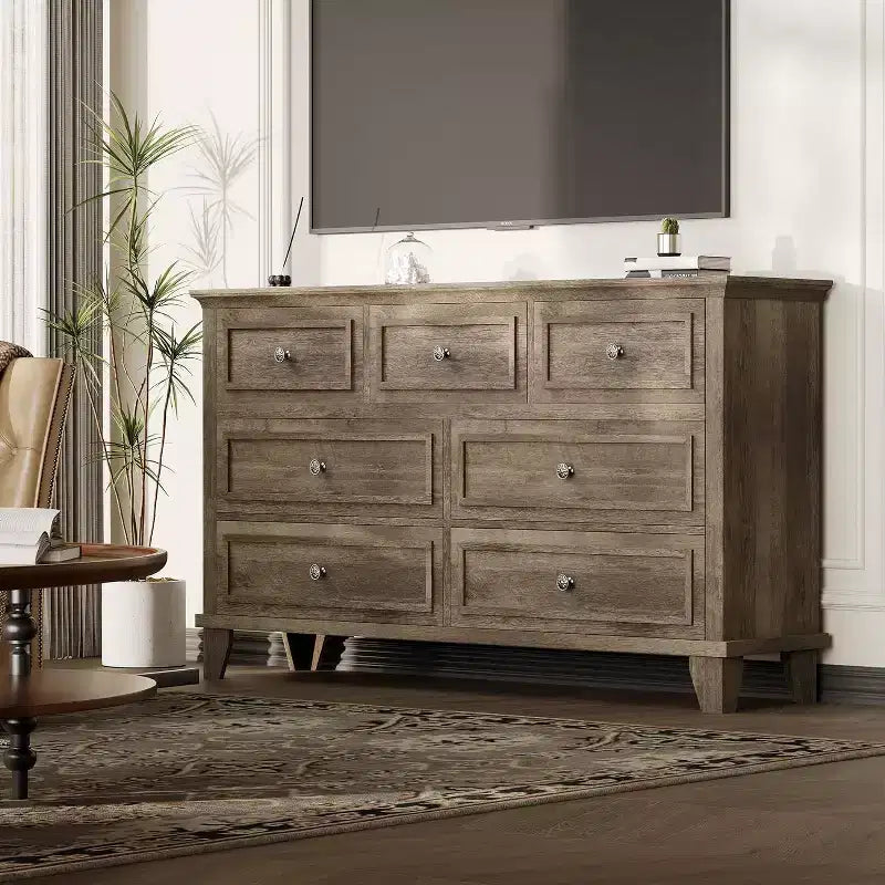 7 Drawer Wooden Dresser - 47" Wide Storage Chest with Metal Handles
