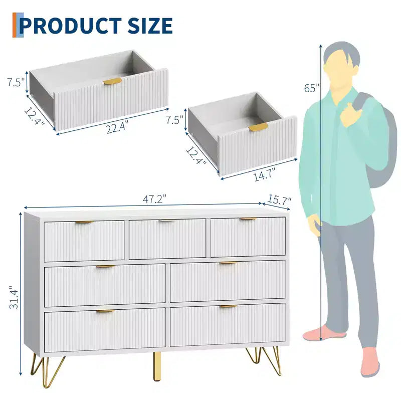 7 Drawer Dresser with Gold Metal Handles & Feet - White