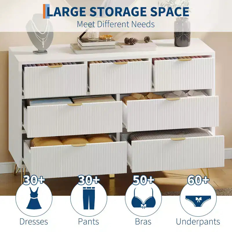 7 Drawer Dresser with Gold Metal Handles & Feet - White