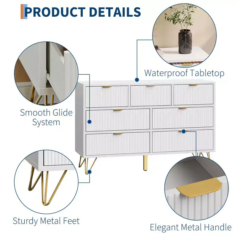 7 Drawer Dresser with Gold Metal Handles & Feet - White