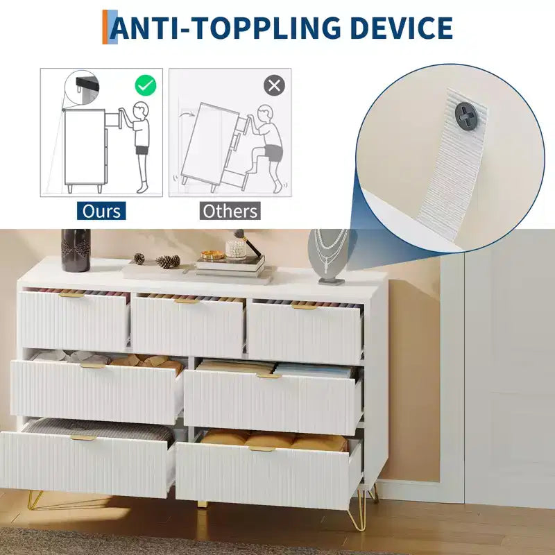 7 Drawer Dresser with Gold Metal Handles & Feet - White