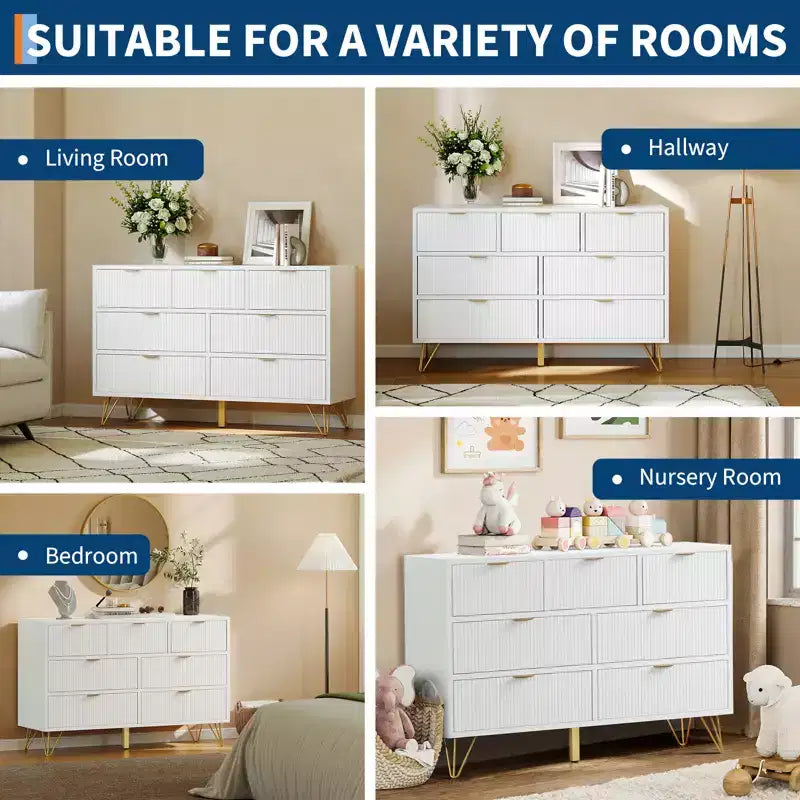7 Drawer Dresser with Gold Metal Handles & Feet - White