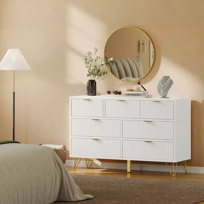 7 Drawer Dresser with Gold Metal Handles & Feet - White