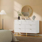 Commode 7 tiroirs avec poignées et pieds en métal doré - Blanc