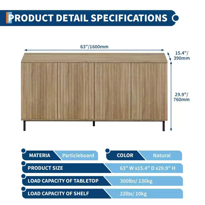 63" Modern Fluted Sideboard Buffet Cabinet with 4 Doors and Adjustable Shelves
