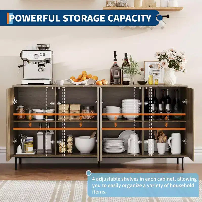 63" Modern Fluted Sideboard Buffet Cabinet with 4 Doors and Adjustable Shelves