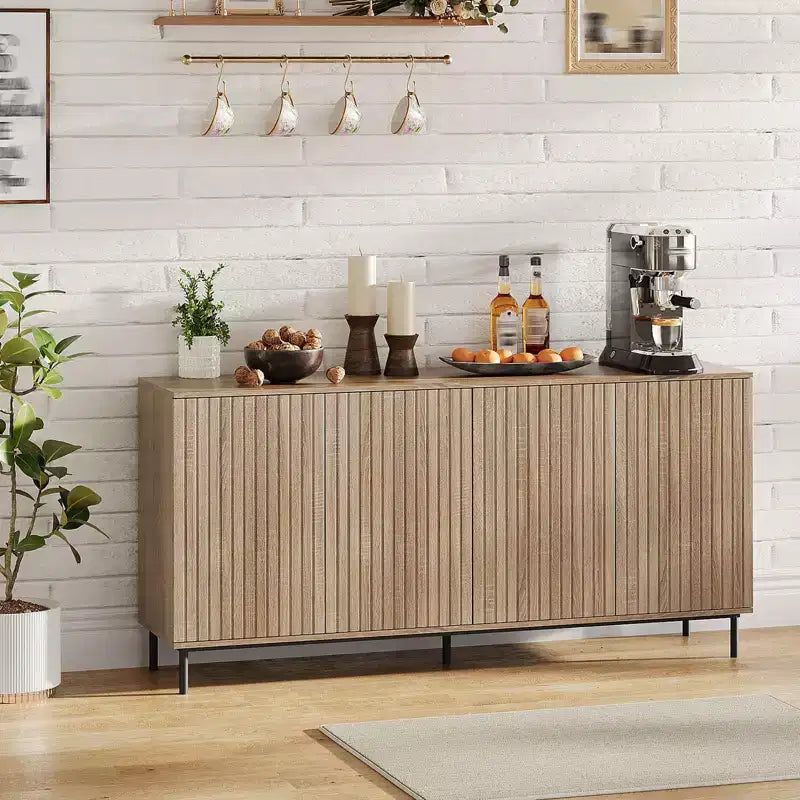 63" Modern Fluted Sideboard Buffet Cabinet with 4 Doors and Adjustable Shelves