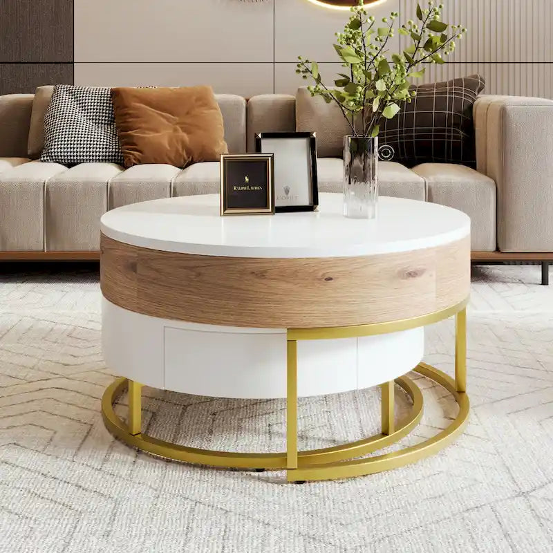 Tables basses gigognes rondes modernes à plateau relevable avec 2 tiroirs