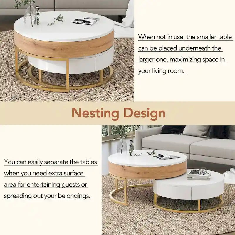 Tables basses gigognes rondes modernes à plateau relevable avec 2 tiroirs