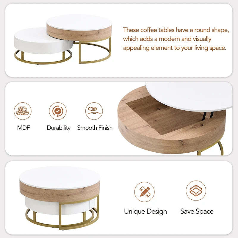 Tables basses gigognes rondes modernes à plateau relevable avec 2 tiroirs