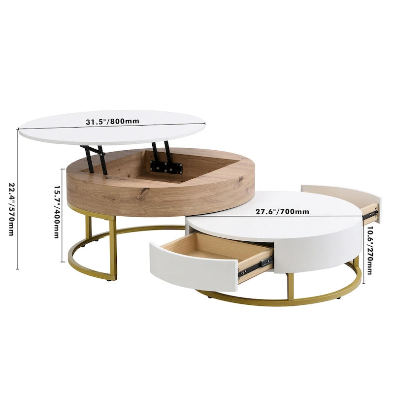 Tables basses gigognes rondes modernes à plateau relevable avec 2 tiroirs