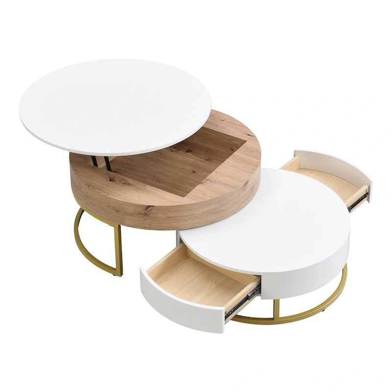 Tables basses gigognes rondes modernes à plateau relevable avec 2 tiroirs