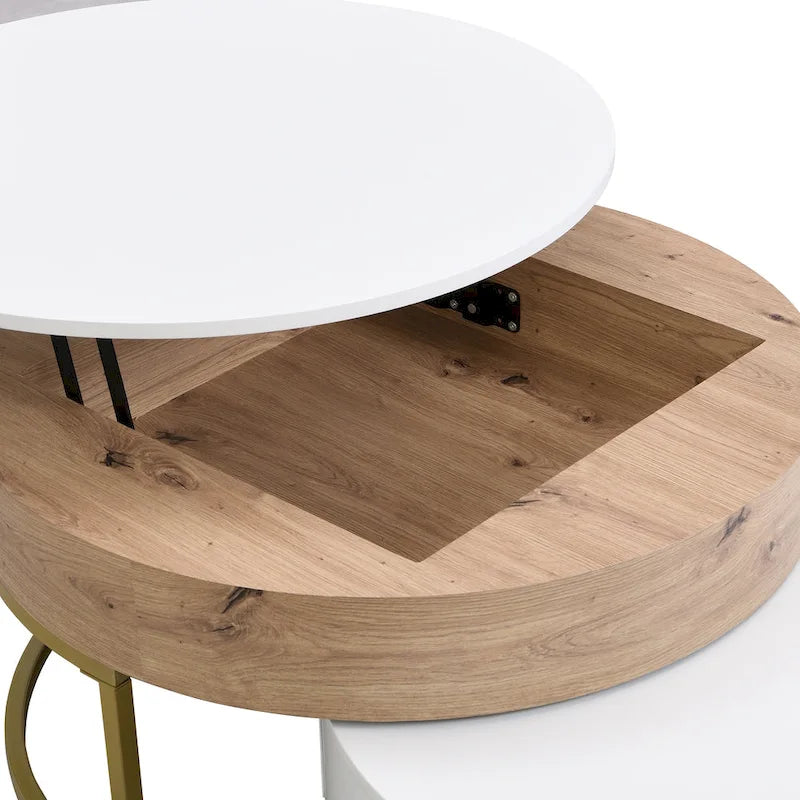 Tables basses gigognes rondes modernes à plateau relevable avec 2 tiroirs