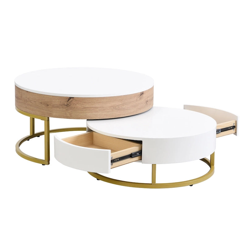 Tables basses gigognes rondes modernes à plateau relevable avec 2 tiroirs