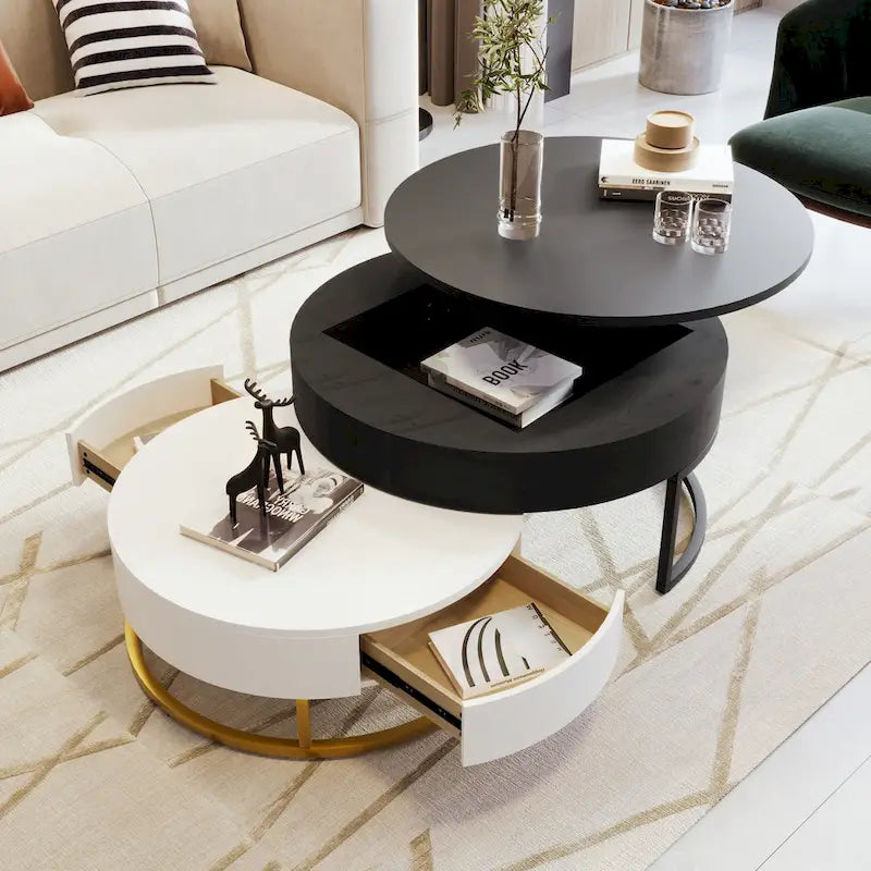 Tables basses gigognes rondes modernes à plateau relevable avec 2 tiroirs
