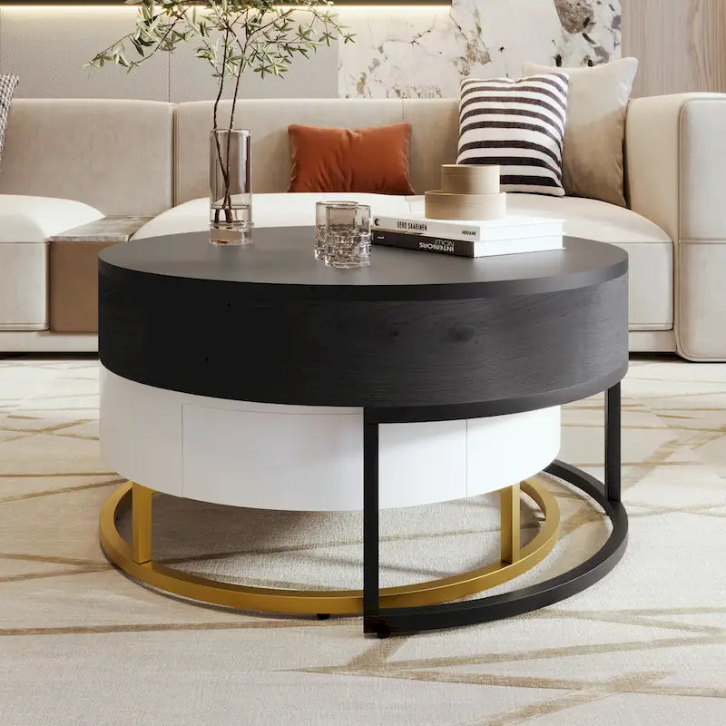 Tables basses gigognes rondes modernes à plateau relevable avec 2 tiroirs