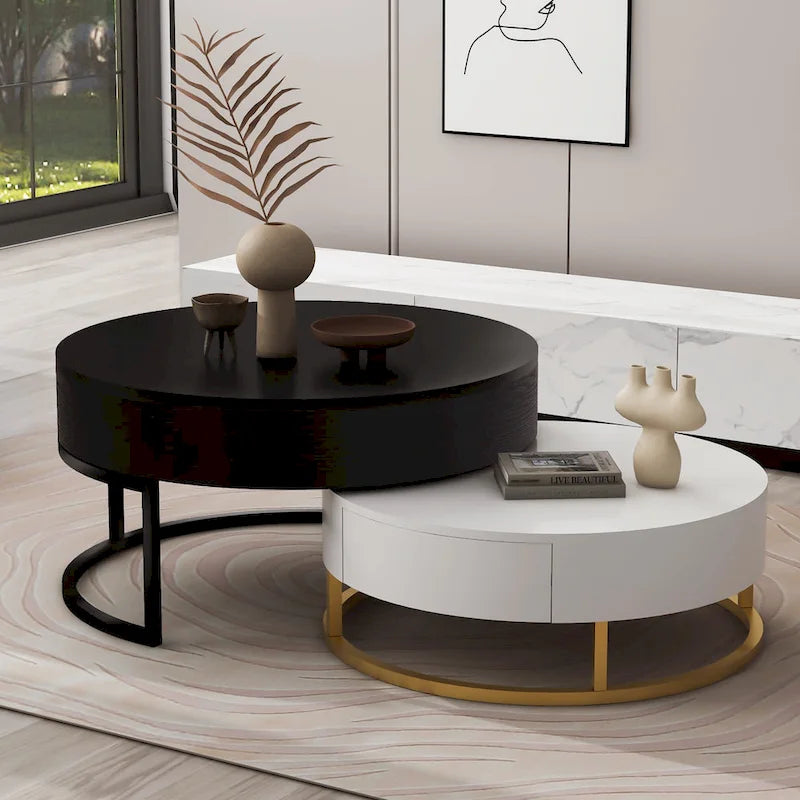 Tables basses gigognes rondes modernes à plateau relevable avec 2 tiroirs