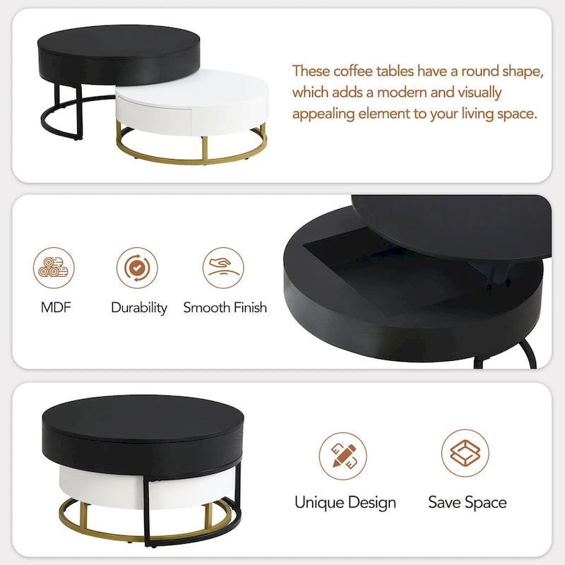 Tables basses gigognes rondes modernes à plateau relevable avec 2 tiroirs