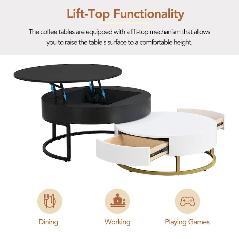 Tables basses gigognes rondes modernes à plateau relevable avec 2 tiroirs