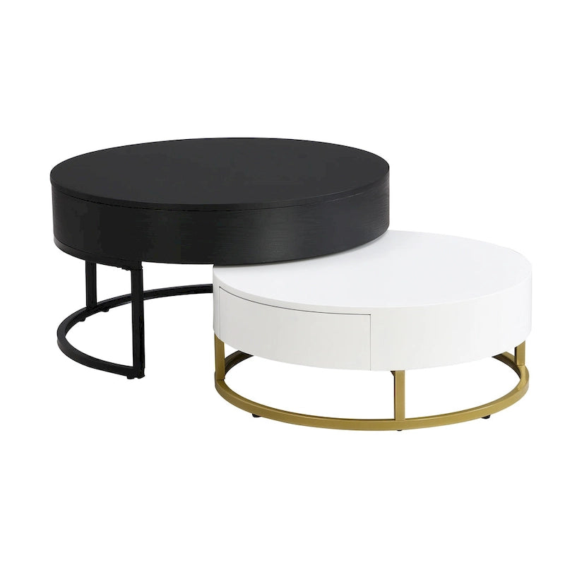 Tables basses gigognes rondes modernes à plateau relevable avec 2 tiroirs