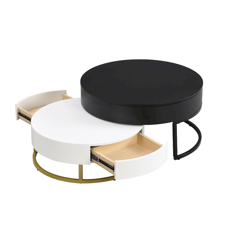 Tables basses gigognes rondes modernes à plateau relevable avec 2 tiroirs