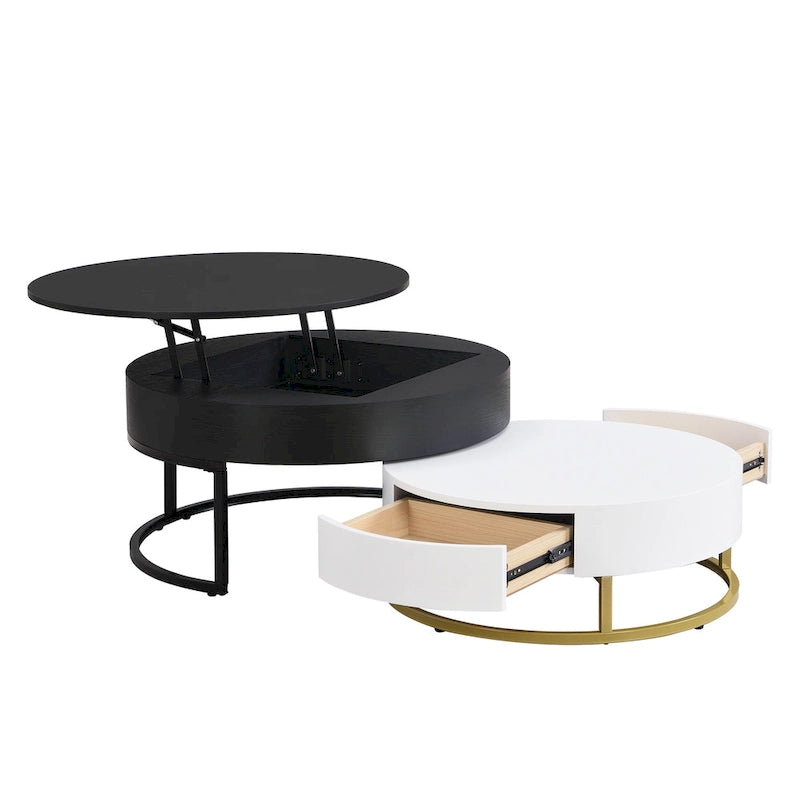 Tables basses gigognes rondes modernes à plateau relevable avec 2 tiroirs