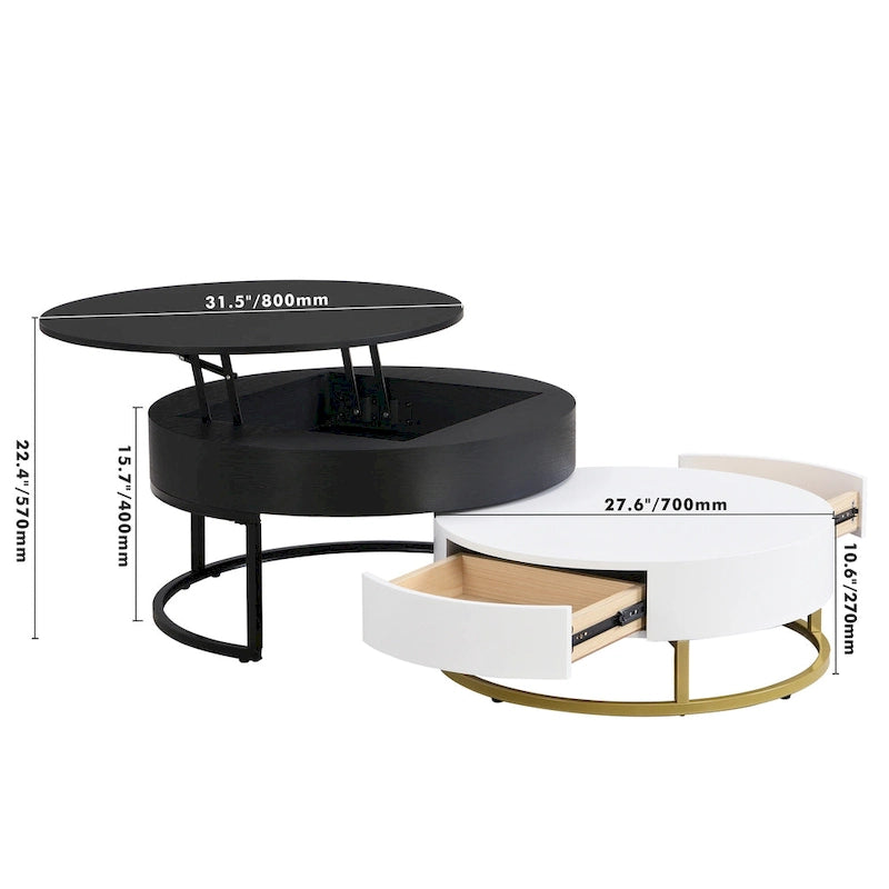 Tables basses gigognes rondes modernes à plateau relevable avec 2 tiroirs
