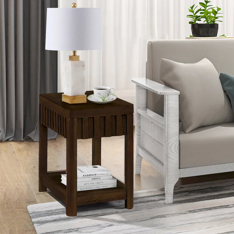 Table d'appoint de ferme rectangulaire de 25 pouces avec étagère de rangement, table d'appoint de canapé avec pieds en bois massif pour salon, chambre, bureau