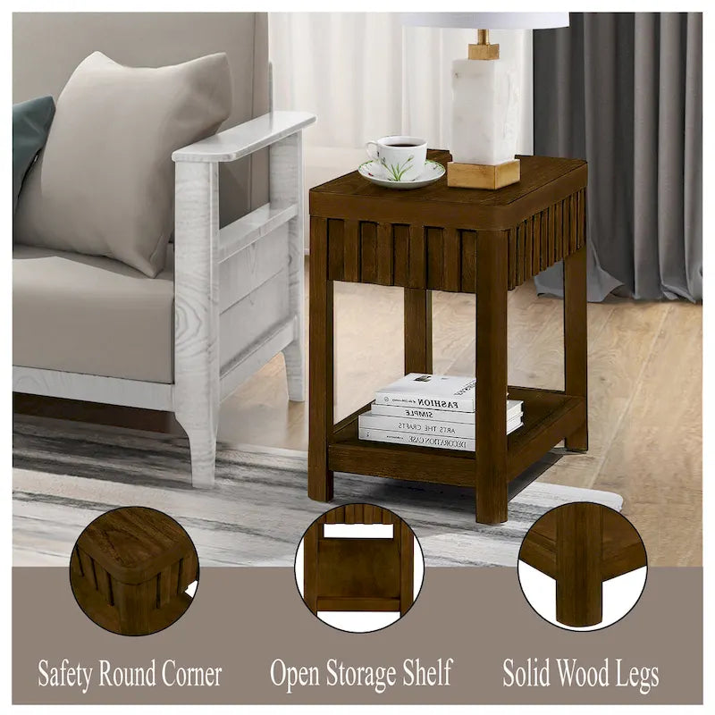 Table d'appoint de ferme rectangulaire de 25 pouces avec étagère de rangement, table d'appoint de canapé avec pieds en bois massif pour salon, chambre, bureau