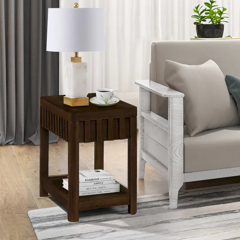 Table d'appoint de ferme rectangulaire de 25 pouces avec étagère de rangement, table d'appoint de canapé avec pieds en bois massif pour salon, chambre, bureau
