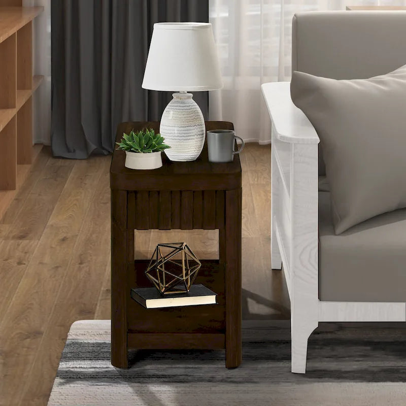 Table d'appoint de ferme rectangulaire de 25 pouces avec étagère de rangement, table d'appoint de canapé avec pieds en bois massif pour salon, chambre, bureau