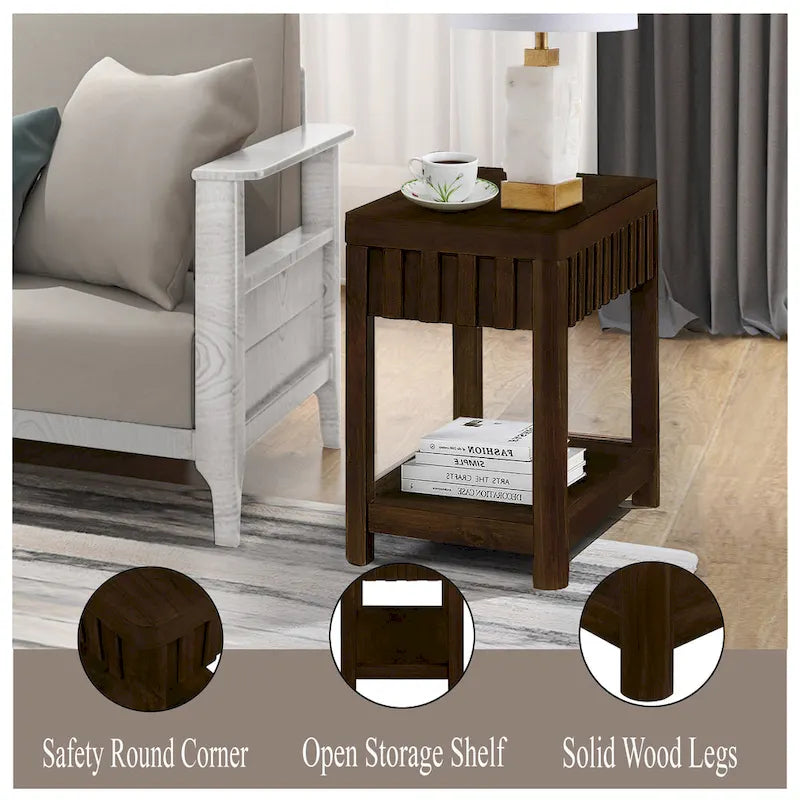 Table d'appoint de ferme rectangulaire de 25 pouces avec étagère de rangement, table d'appoint de canapé avec pieds en bois massif pour salon, chambre, bureau
