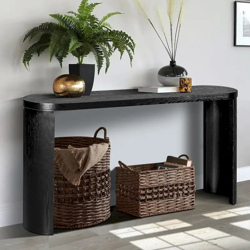 Table d'entrée de 60" avec plateau épais et pieds incurvés, supporte l'installation de meubles d'appoint (canapés, entrée) tournés vers l'intérieur ou l'extérieur.