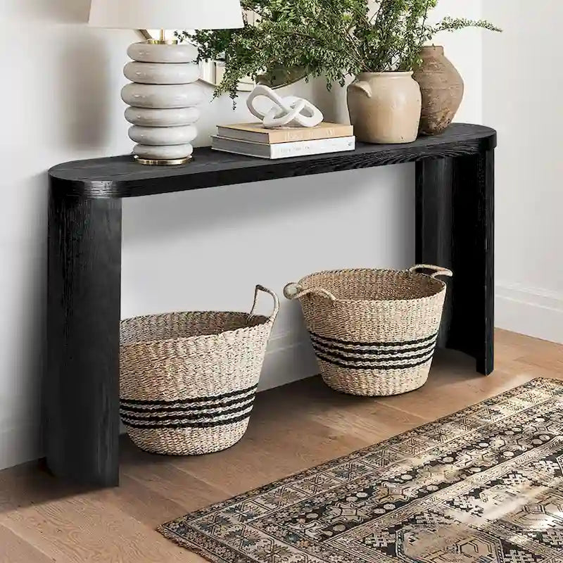 Table d'entrée de 60" avec plateau épais et pieds incurvés, supporte l'installation de meubles d'appoint (canapés, entrée) tournés vers l'intérieur ou l'extérieur.