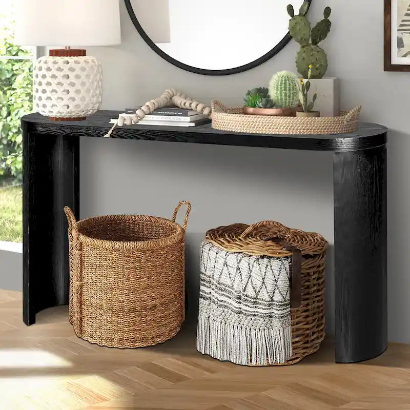 Table d'entrée de 60" avec plateau épais et pieds incurvés, supporte l'installation de meubles d'appoint (canapés, entrée) tournés vers l'intérieur ou l'extérieur.