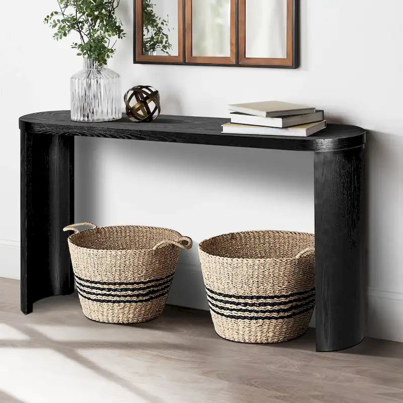 Table d'entrée de 60" avec plateau épais et pieds incurvés, supporte l'installation de meubles d'appoint (canapés, entrée) tournés vers l'intérieur ou l'extérieur.