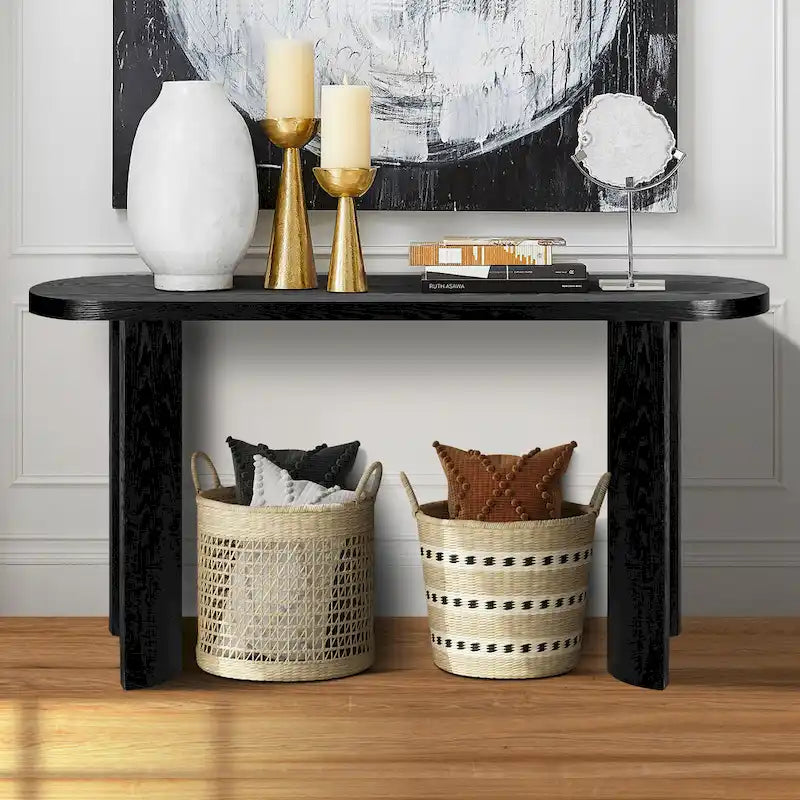 Table d'entrée de 60" avec plateau épais et pieds incurvés, supporte l'installation de meubles d'appoint (canapés, entrée) tournés vers l'intérieur ou l'extérieur.