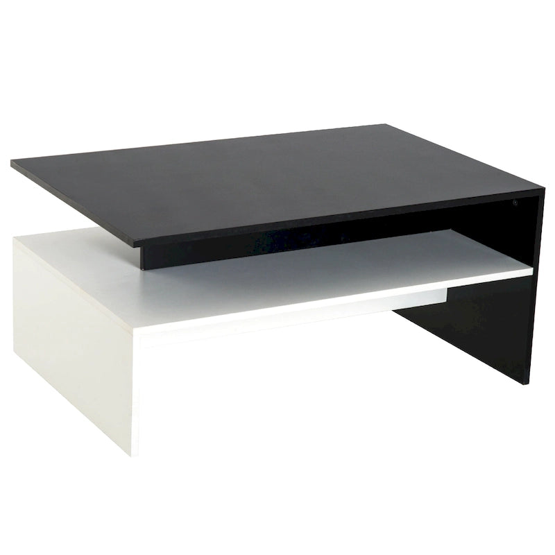 Table basse moderne, table centrale rectangulaire à 2 niveaux avec étagères de rangement pour salon, noir/blanc