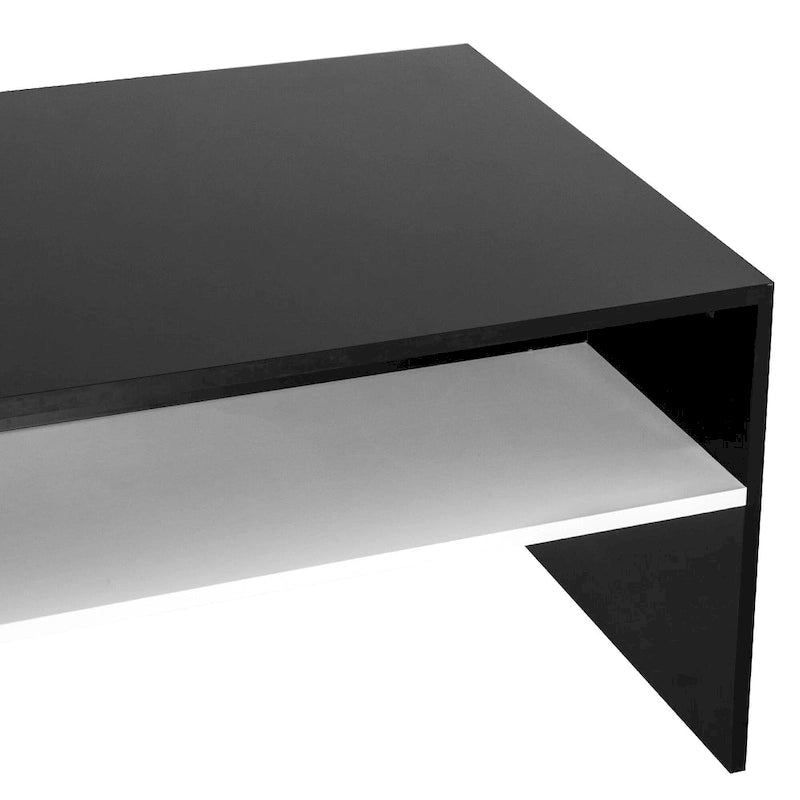 Table basse moderne, table centrale rectangulaire à 2 niveaux avec étagères de rangement pour salon, noir/blanc