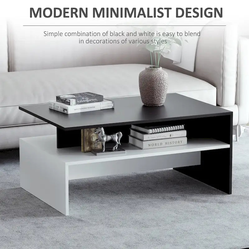Table basse moderne, table centrale rectangulaire à 2 niveaux avec étagères de rangement pour salon, noir/blanc