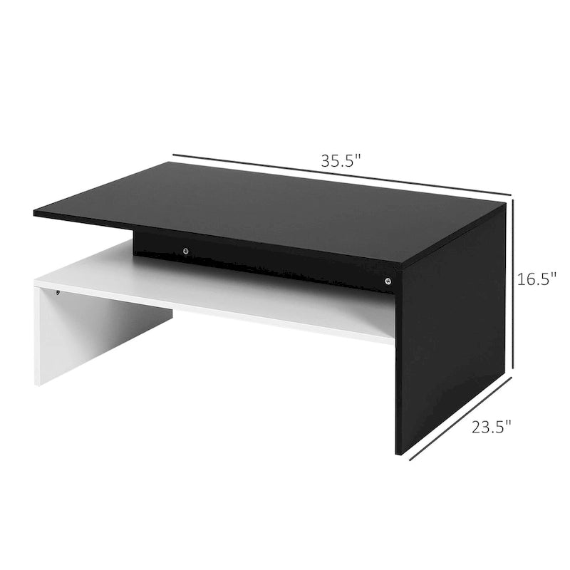 Table basse moderne, table centrale rectangulaire à 2 niveaux avec étagères de rangement pour salon, noir/blanc
