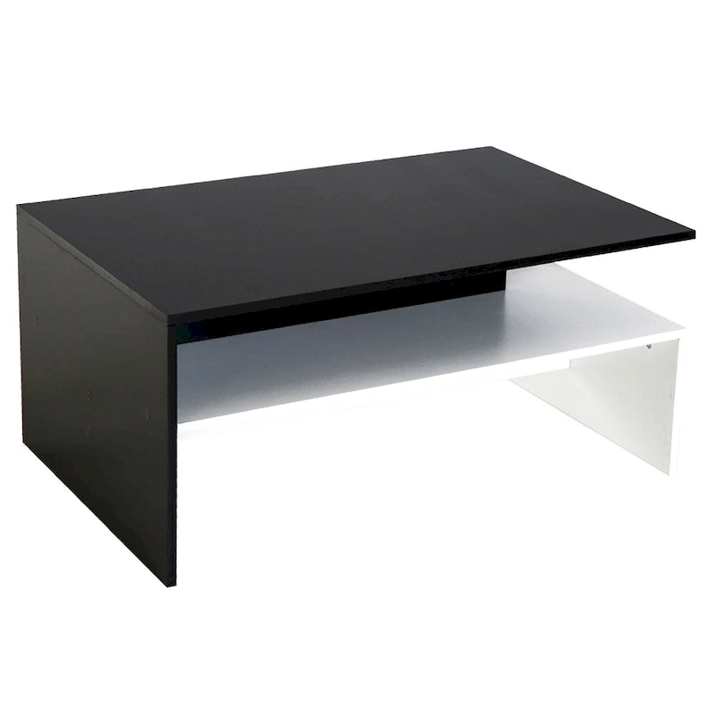 Table basse moderne, table centrale rectangulaire à 2 niveaux avec étagères de rangement pour salon, noir/blanc