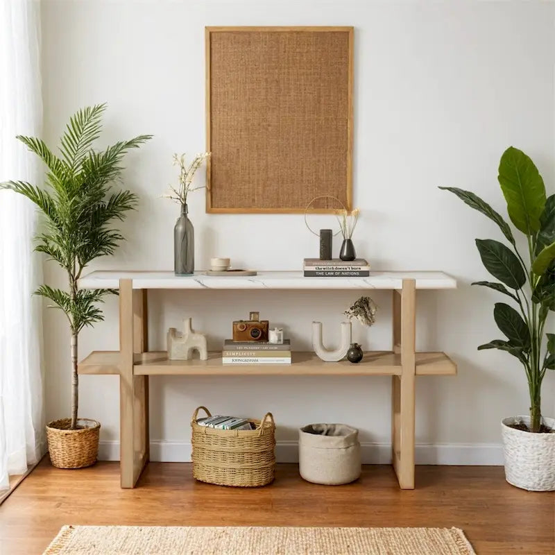 Console Rétro Élégante avec Plateau Effet Marbre et Rangement Polyvalent