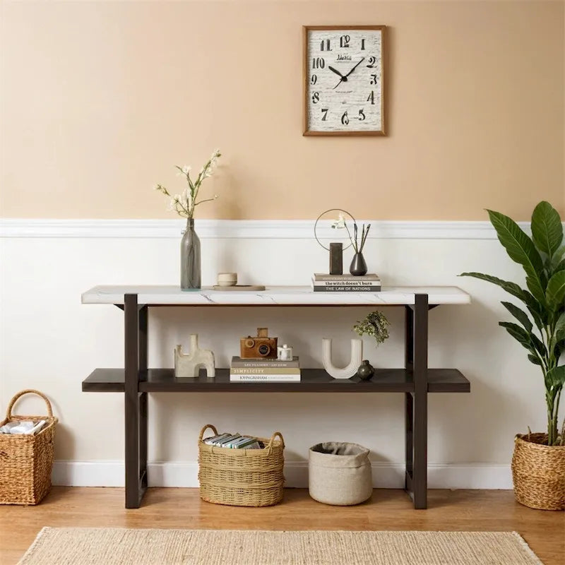 Console Rétro Élégante avec Plateau Effet Marbre et Rangement Polyvalent